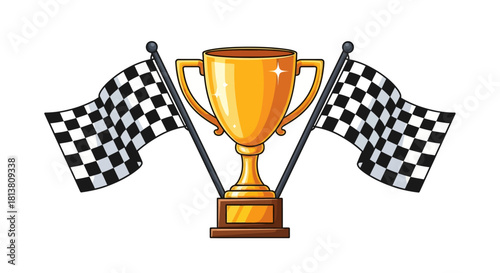Golden winner's trophy with two checkered racing flags, celebrating triumph and great achievement in sport