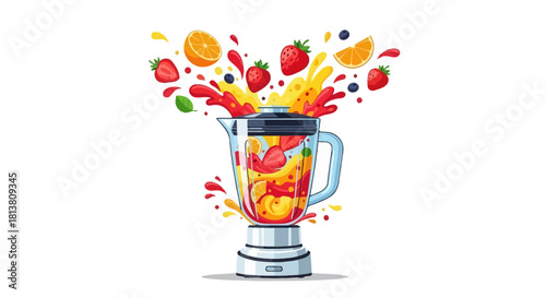 Colorful fresh fruits and berries bursting from a blender, making healthy juice or smoothie on white background