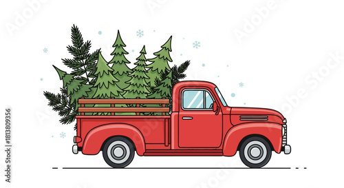 Classic red pickup truck loaded with freshly cut christmas trees under falling snow, festive holiday illustration.
