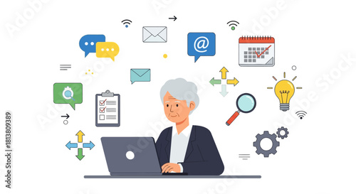 An elderly woman actively using a laptop, surrounded by business communication and technology icons, representing digital literacy for seniors.