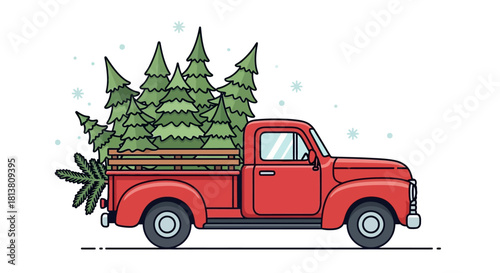 Classic red pickup truck carrying fresh cut evergreen christmas trees home through falling snow illustration