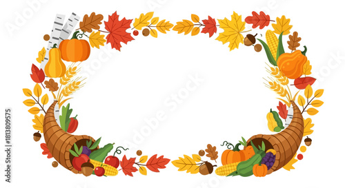 Vibrant autumn harvest cornucopia frame border with seasonal leaves, pumpkins, gourds, and wheat, thanksgiving graphic design element.