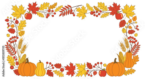 Decorative autumn harvest frame with pumpkins, gourds, maple leaves, apples, berries, wheat, and corn border design.