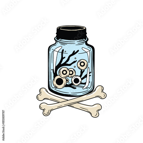 Glass Jar Filled With Preserved Eyeballs And Bones.