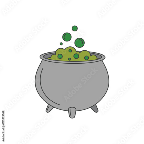Gray Cauldron With Bubbling Green Potion.
