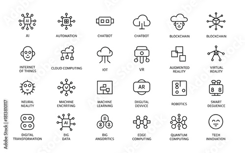 This vector icon set features 25 editable stroke outline icons related to Industry 4.0, artificial intelligence (AI), big data, cloud computing, and the Internet of Things (IoT).
