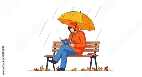 Anonymous person in orange raincoat reading a book on a park bench under a yellow umbrella during a rainy autumn day.