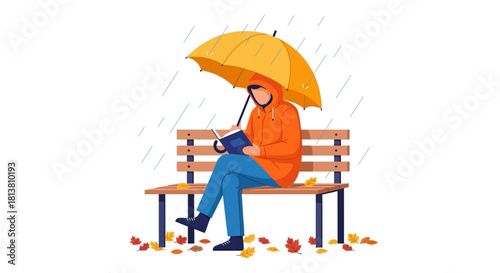Relaxing autumn read: a person enjoys a book on a park bench, protected by a yellow umbrella from light rain amidst vibrant fallen leaves.