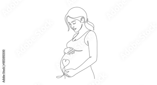 Elegant continuous line art of a pregnant woman with closed eyes, gently cradling her belly with a heart shape