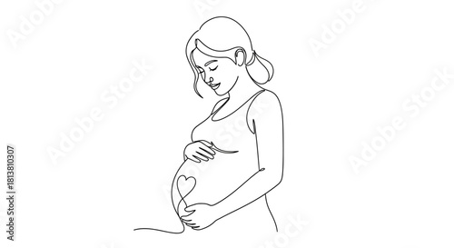 Continuous line drawing of a pregnant woman embracing her belly with heart symbol, symbolizing maternal love and expectation.