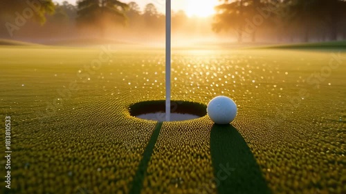 Cinematic 3D animation of a golf ball rolling into the cup on a lush green near a sand bunker during golden hour, symbolizing victory and precision.