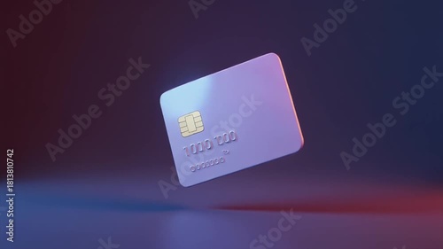 A stylized, levitating credit card with a chip, presented against a gradient background with purple and red lighting.