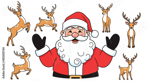 Santa Claus with his reindeer, a festive illustration for Christmas celebrations and holiday greetings.