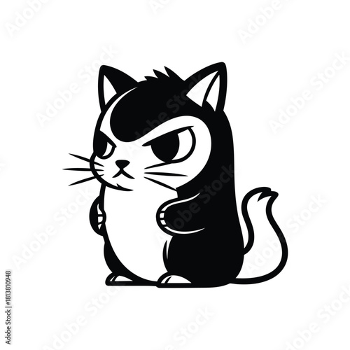 Angry Chubby Black And White Cartoon Cat Character.