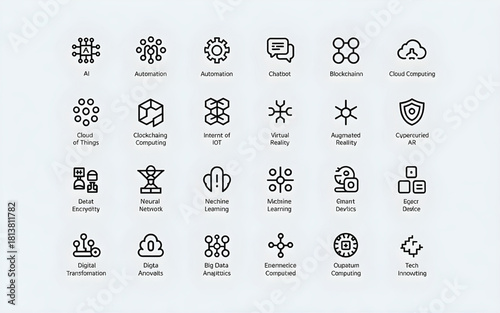 This vector icon set features 25 editable stroke outline icons related to data science, artificial intelligence, machine learning, and network connectivity, in a modern clean design.
