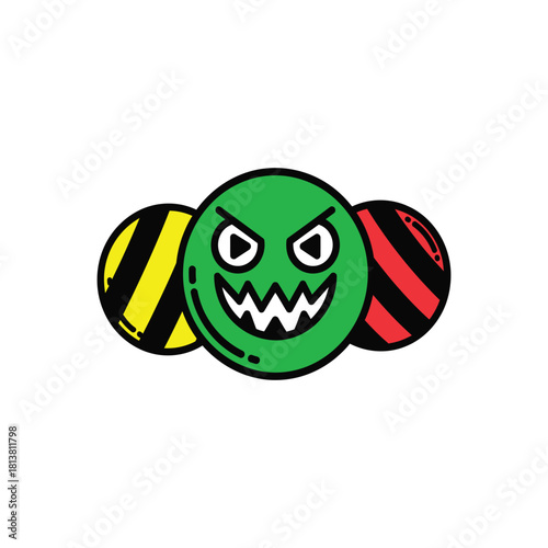 Green Angry Cartoon Face Emoticon With Striped Orbs.