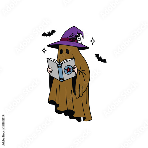 Cartoon Ghost Wearing Witch Hat Reading Spellbook.