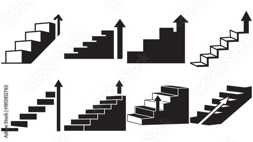 Geometric stair steps with arrow up — stepwise growth icon for progression, scaling strategy and measurable business advancement