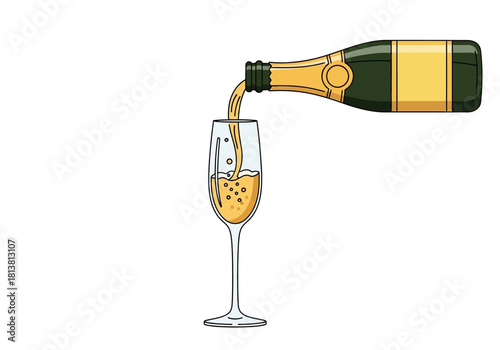 Champagne Bottle Pouring into a Flute Glass with Bubbles