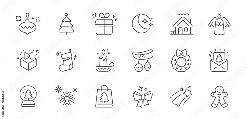 Naklejka premium Christmas icons set. New Year concept. Winter holidays decoration vector linear symbols set
