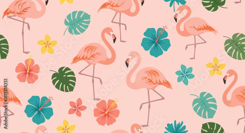 Seamless pattern of pink flamingos and tropical flowers on a pink background.