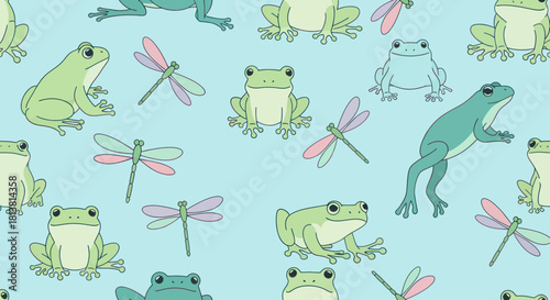 Cute frog and dragonfly seamless pattern