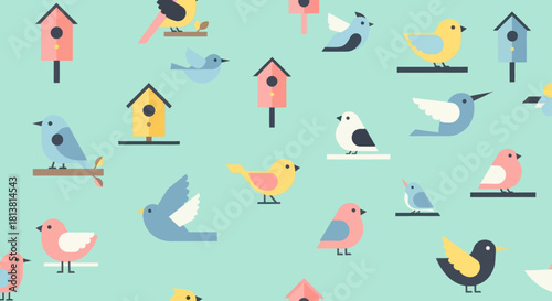 Seamless pattern with cute birds and bird houses in flat design.