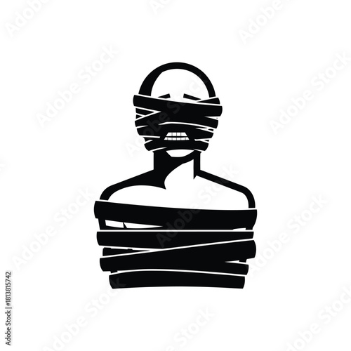 Silhouette Of Bound Blindfolded Person Wrapped In Tape.