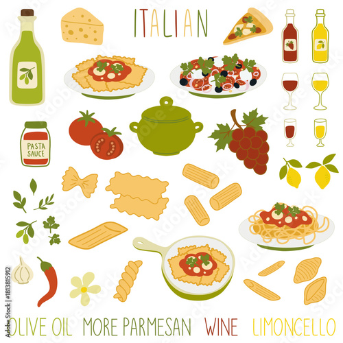 Italian food ingredients and dishes compiling collection Clipart bundle