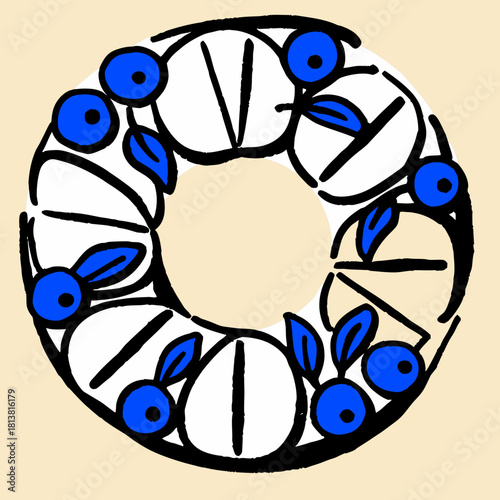 Abstract blue and white circular design with berries and leaves  