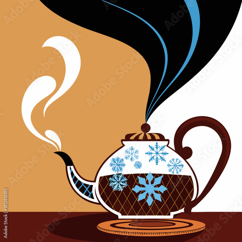 Decorative teapot with steam and snowflakes on a brown background  