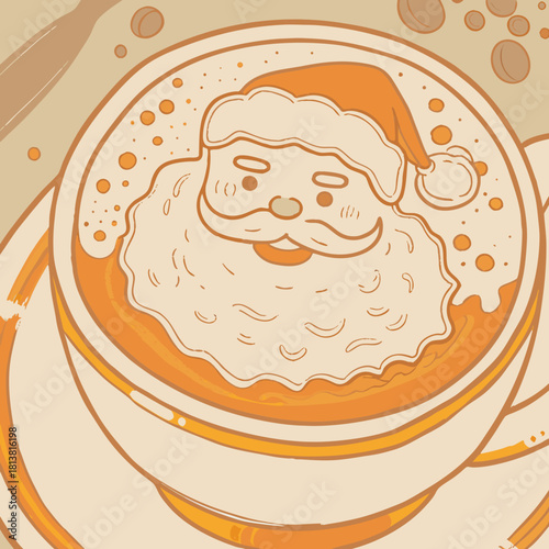 Santa Claus latte art in coffee cup on beige background  
