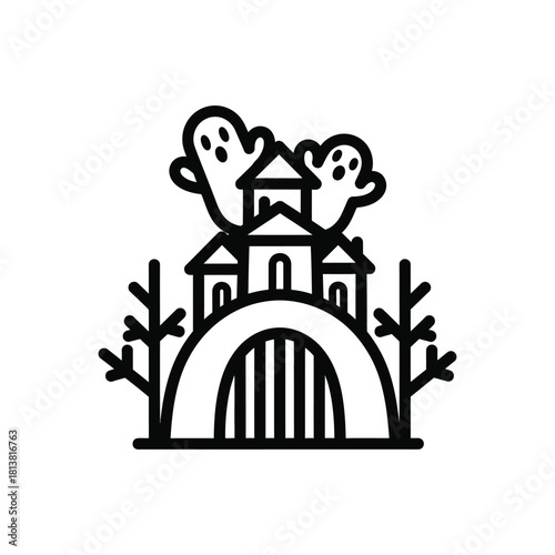 Haunted house illustration with ghosts and gate arch.