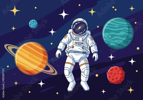 Cartoon Astronaut Floating in Space with Planets and Stars