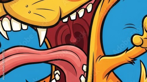 A cartoon dog with a wide open mouth, tongue out, and raised paw, showing excitement.