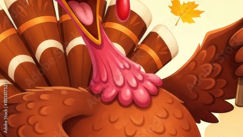 Close-up cartoon illustration of a turkey gobbling with an open mouth, pink wattle, brown feathers, and a falling yellow leaf.