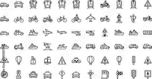 Transportation, vehicle icon set. Vector glyph pictograms of travel, logistics, public transit concepts, car, train, bus, bicycle, boat, and airplane black silhouette illustration