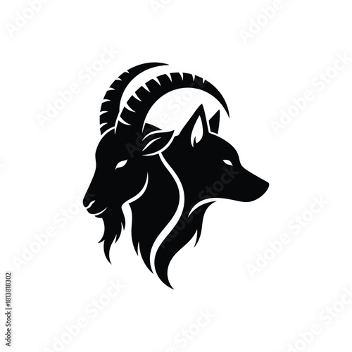 Stylized Black Goat And Wolf Dual Head Emblem.