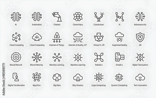 This vector icon set features 25 editable stroke outline icons related to Industry 4.0, artificial intelligence (AI), big data, cloud computing, and the Internet of Things (IoT).
