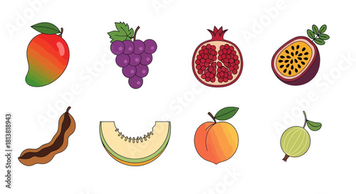 Assortment of colorful fruits mango grapes pomegranate passionfruit and more