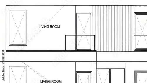 Architectural elevation drawing detailing a modern building facade with living room windows and vertical design elements.