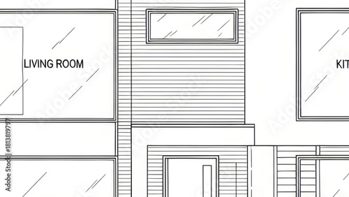 Architectural floor plan drawing depicting a living room and kitchen layout with windows and wall details.