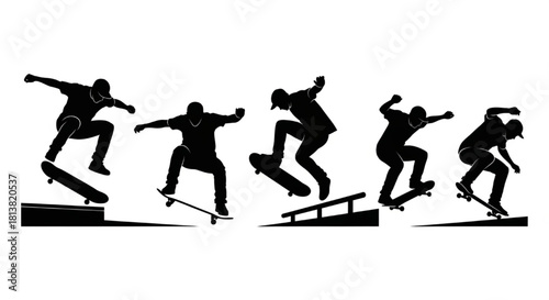 Skateboarder Silhouette Vector Illustration Showing Ollie, Kickflip, Grind, and Landing Tricks in Minimal Sports Style

