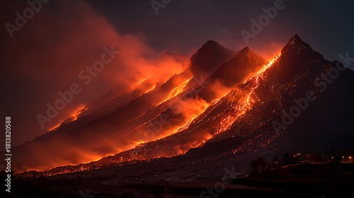 A series of mountains ablaze with wildfire at night, creating a dramatic and destructive scene of environmental devastation and natural disaster