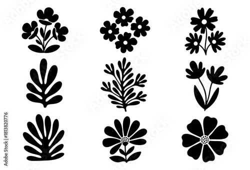 Set of black flower and leaf silhouettes, collection of minimalist abstract botanical shapes