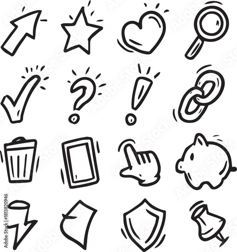A versatile collection of hand-drawn doodle icons featuring essential web and user interface symbols for creative digital projects
