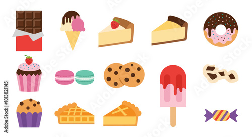 Assortment of desserts chocolate cakes cookies and ice cream on white