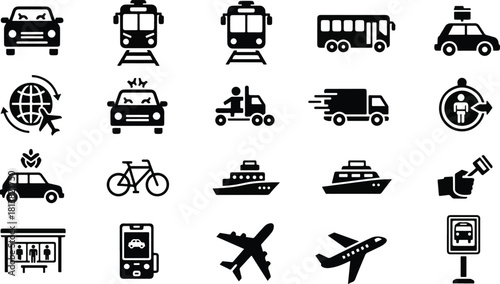 Transportation, vehicle icon set. Vector glyph pictograms of travel, logistics, public transit concepts, car, train, bus, bicycle, boat, and airplane black silhouette illustration