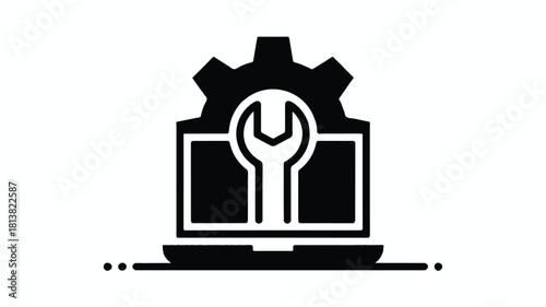 Black computer icon with wrench and gear laptop tool