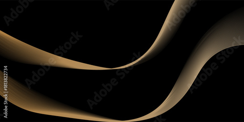 Abstract gold line swirly wave and texture in gold color with black background modern